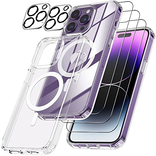 Emetok [ 6-in-1 Set für iPhone14 Pro Magnetisch Hülle [Anti-Vergilbung] kompatibel mit MagSafe Case mit 1x iPhone14 Pro Schutzhülle 3xDisplayschutzfolie 2xKameraschutzfolie,Magnet Hülle,Transparent Cover