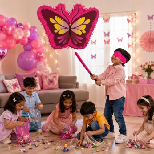Image of Wanna Party Mini Butterfly Shaped Pinata Khoi Bag with Stick for Kids Birthday Party, Fillable for Butterfly Theme Birthday Party Decoration, Pinata for Fairy & Princess Theme Party Decoration