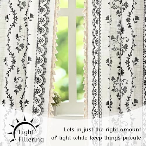 Image of Yinhua Boho Curtains for Living Room 84 Inch Length Vintage Linen Curtains for Bedroom Light Filtering Floral Window Curtain Rod Pocket & Back Tabs Rustic Tassel Drapes with Tiebacks, White Black