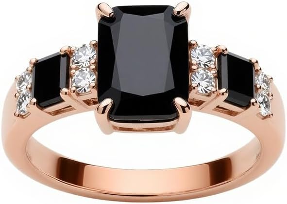 10K 14K 18K Gold Emerald Cut Black Onyx Engagement Ring for Women with Moissanites/Diamonds Natural Black Onyx Promise Ring Size 3-16