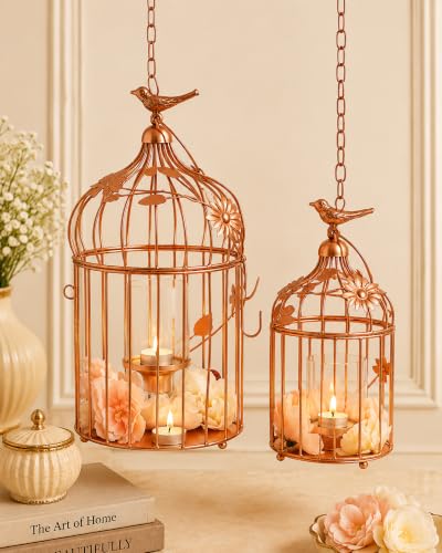 Image of Homesake Copper Bird Cage with Floral Vine (Set of 2), with Hanging Chain for Decoration Items, Rose Gold, Home Decor, Decorations for Home, Tealight Candle Holder, Return Gifts for Pooja