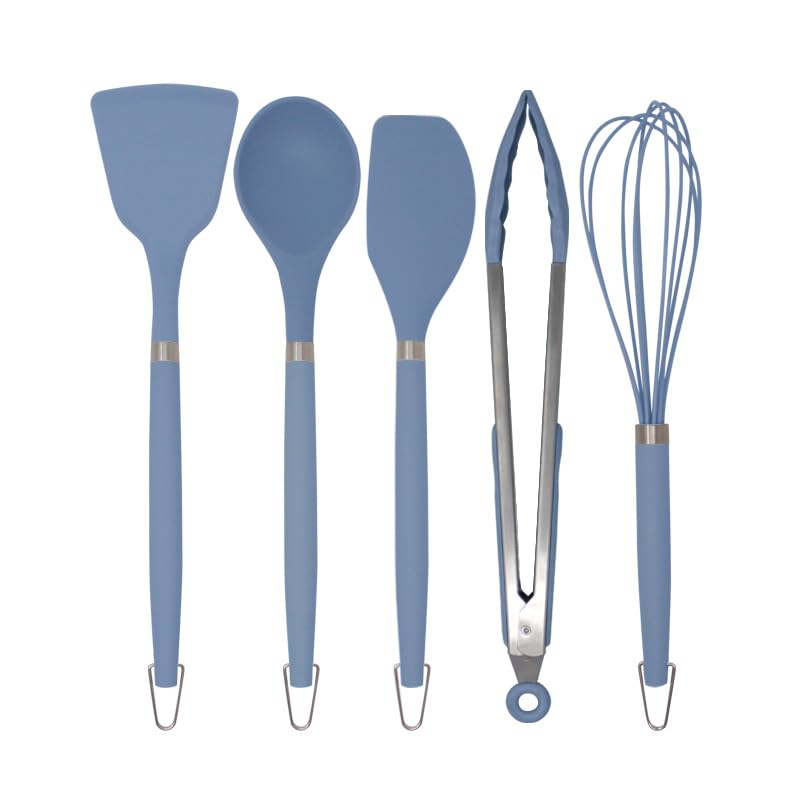 Premium Steel/Silicone Cooking Utensil Set of 5, Kitchen Utensils Set, Non-Stick Utensils Set, High Heat Resistance Utensils for Cooking, Perfect Kitchen Utensils Set for Cooking - Navy