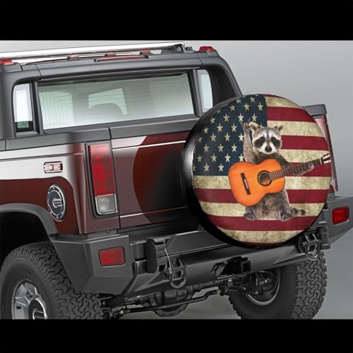 Image of Music Raccoon Spare Tire Cover for Rv Trailer Camper Truck SUV - Cute Raccoon Animal Wheel Protectors Cover Waterproof Fabric for Travel Camping Outdoor,Universal Fit,17 inch