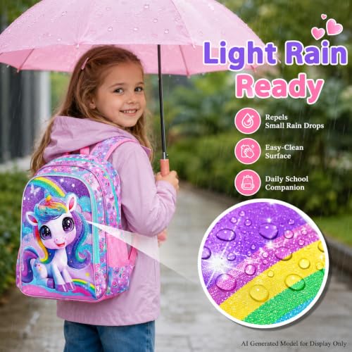 Image of 3Pcs Unicorn Backpack for Girls, 16 inch School Backpacks Set for Elementary Preschool Kindergarten, Kids Bookbag with Lunch Box(Pink)