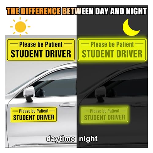 Image of GLSOWEE 3PCS Student Driver Magnet for Car, 12 inchx4 inch Reflective 'Please Be Patient' Auto Safety Sign for Rookies, Reusable Vehicle Exterior Sticker for Bumper, Window (Student Driver Sticker)