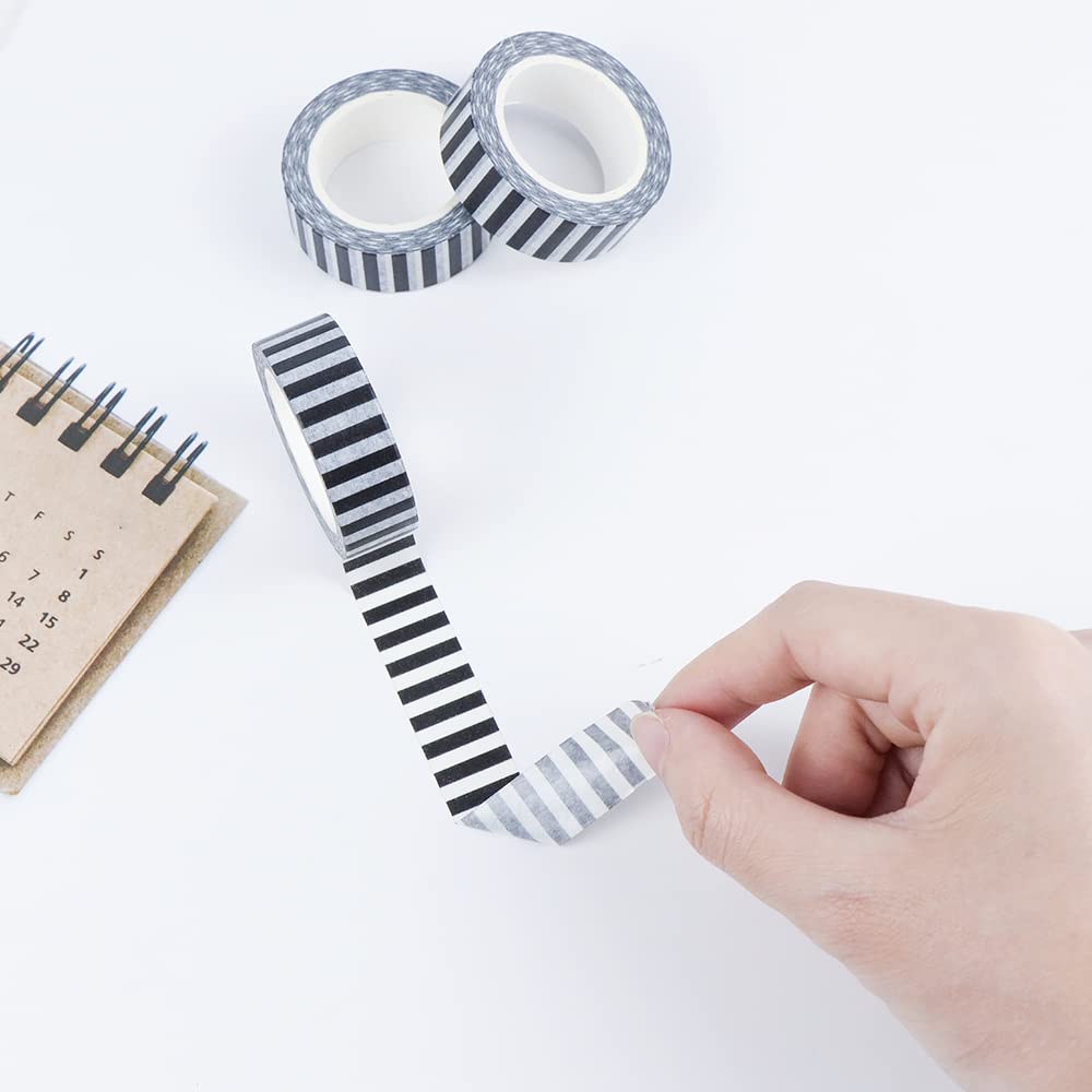 MEI YI TIAN Juego de 3 cintas washi de rayas negras para etiquetado de papel decorativo para manualidades, planificadores, manualidades, caja de regalo, cinta adhesiva