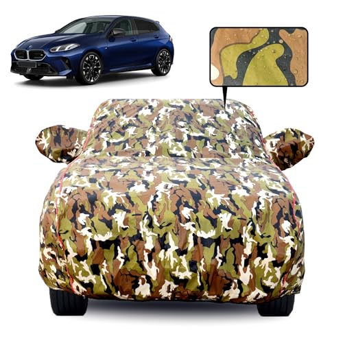 Image of Waterproof Car Body Cover for BMW 1 Series with Mirror Pocket, Soft Cotton Lining, Triple Stitched, Full Bottom Elastic (Heat Resistant Jungle Print with Red Piping)