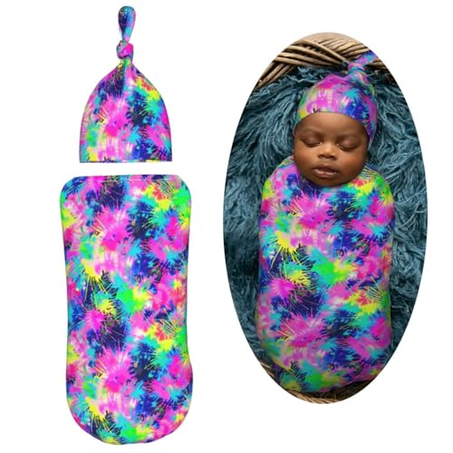 Image of Tie Dye Neon Colors Newborn Swaddle Blankets Hat Sets Soft Baby Receiving Blanket Swaddle Sack for Baby Shower Infant Boy Girl Gift