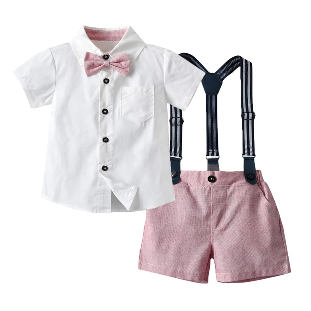 Toddler Kids Baby Boys Formal Suit Gentleman White Shirt with Bowtie + Suspender Shorts Pants Overalls Clothes 1-8T