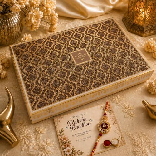 Image of NutriSnacksBox Royal Rakhi White Hamper | Premium Dry Fruits, Gourmet Snacks & Festive Gift Set | 2 Decorative Bhaiya Rakhis, Wooden Magnet, Keychain, Roli Chawal & Greeting Card | Luxury Raksha Bandhan Gift Box
