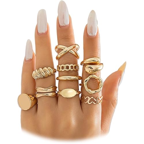 FUTIMELY 14K Gold Stackable Knuckle Rings Set for Women Teen Girls,Aesthetic Silver 10Pcs Trendy Dainty Open Midi Rings Set,Midi Finger Rings Pack Jewelry Gifts