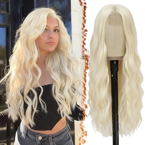 BARSDAR Larga Onduladas Pelucas, 66cm Larga Rubio Platino Peluca para Mujeres Natural Resistentes al Calor Sintético Pelo Partición Media Pelucas Diaria Cosplay Peluca - Rubio Platino