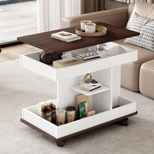 Adjustable Lift Top End Table with Wheels, Modern Sofa Side