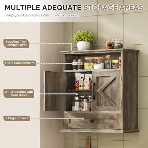 Image of Bathroom Wall Cabinet, Wall Mounted Medicine Cabinet 24.4 inchH x 23.6 inchW x 9 inchD | With Drawer, Barn Doors & Adjustable Shelf, Grey Over Toilet Farmhouse Storage Cabinet for Kitchen, Laundry Room, Entryway