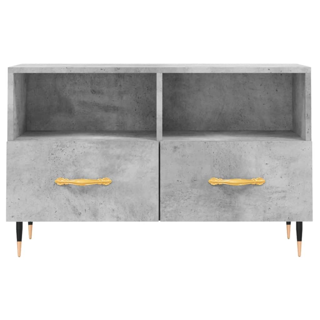 Mobile TV grigio cemento in legno con gambe in ferro, 80 x 36 x 50 cm, mobile basso con vano portaoggetti, cassetti e ripiano, mobile moderno per soggiorno, per gaming, home theater e