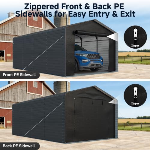 Image of Real Relax 12x20 FT Metal Carport with Side Panels & PE Sidewalls, Gray | Heavy Duty, Reinforced Bars, 2 Zipper Doors, Steel Wire Rope, Enclosed Car Ports for Cars and Boats, Tools