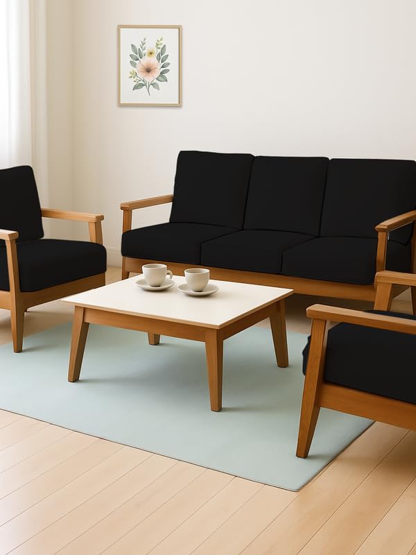 Image of HOTKEI Black (Pack of 10) 200 GSM Fabric Wooden Sofa Seat Cover Elastic Stretchable Cushion Seat Slip Cover Protector for Wooden Sofa Set 5 Seater Antislip Full Covers for Living Room