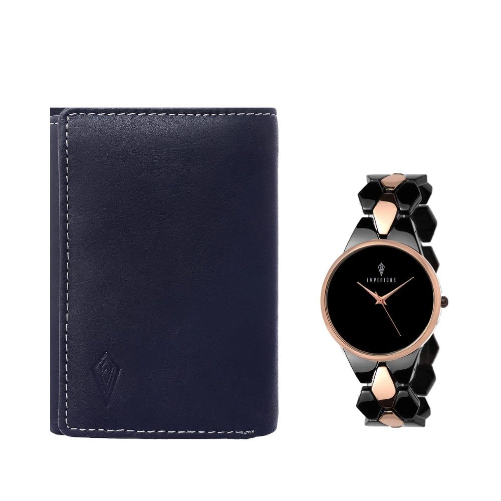 IMPERIOUS Womens Analogue Watch with Blue Leather Wallet Combo for Couples Gift. Anniversary/Wedding Present for Couples| Festive Watch & Wallet for Gifting (Rose Gold & Silver) (B0CJTVGC3R) Amazon Price History, Amazon Price Tracker