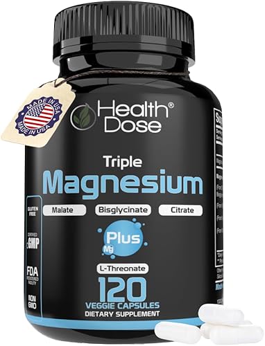 Health Dose Triple Magnesium Complex 1000 mg | Mezcla de L-treonato, bisglicinato, citrato y malato | Apoyo para la relajación muscular, el sueño y