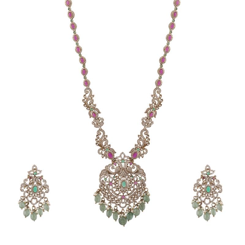 TARINIKA Antique Gold Plated Indian Long Necklace Set for Women with Jhumka, Dangle, Drop Earring Brass Traditional Wedding Desi Jewelry CZ Gemstone Bridal Necklace