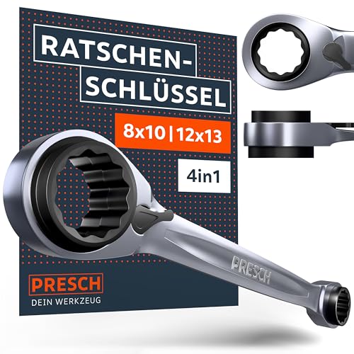 PRESCH Doppel Ratschenschlüssel 8 10 12 13 mm - Umschaltbare Ratschenfunktion - Präzisionsgefertigt mit 90 Zähnen & 4° Rückholwinkel - 4 Größen in einem Schlüssel - 4 in 1 Ringratschenschlüssel