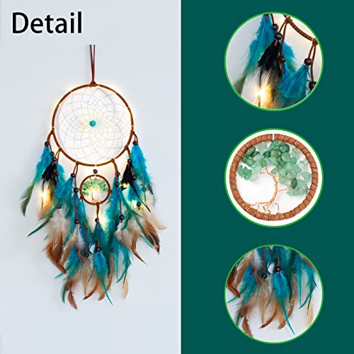 Dream Catcher Blue Tree Of Life With Feathers, Mobile Led Fairy Lights Handmade Indians Traditional Circular Net For Wall Hanging Decor, Bedroom Kids, Home Decoration Wedding Party Blessing Gift #TOP1