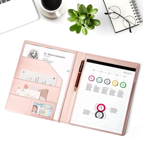 Toplive Padfolio Portfolio Organizer Binder, A4 Portfolio Folder Faux Leather Portfolio, Resume Padfolio with Letter Size Notepad & Card Holder, Business Portfolio for Women, Rose Gold - Thumbnail 6