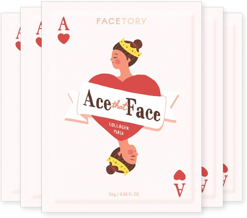 FACETORY Ace That Face, Korean Face Mask with Collagen, Firming, 5 Pack | Collagen Sheet Mask with Mushroom Extract, Firms, Plumps & Smooths Fine Lines, Evens Skin Tone, K Beauty Skin Care