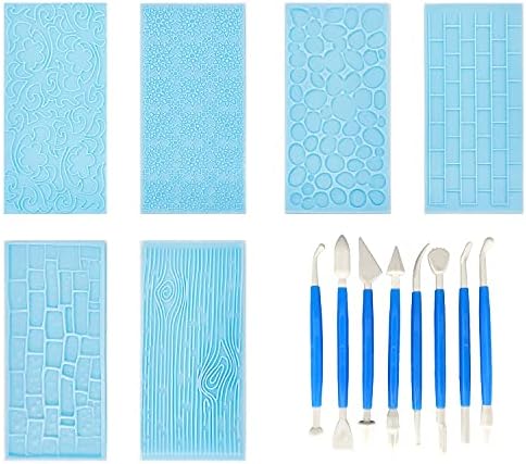 Fondant Impression Mat Mold Set, 6Pack Embossed Tree Bark, Brick Wall, Flower, Cobblestone, Stone Wall Texture for Cupcake Top Decoration with 8pcs Fondant Sculpture Pen