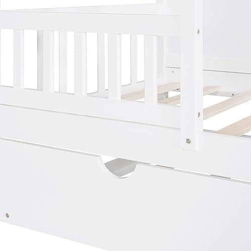 Miniatura 276 de Cama de casa de tamaño individual con 2 cajones, marco de cama de madera y barandilla de seguridad. Ahorra espacio, ideal para el dormitorio de un