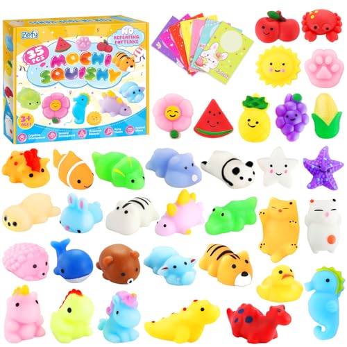 Zefy 35 Stück Squishy mit Karten, Keine Dopplungen Mochi Fidget Spielzeug...