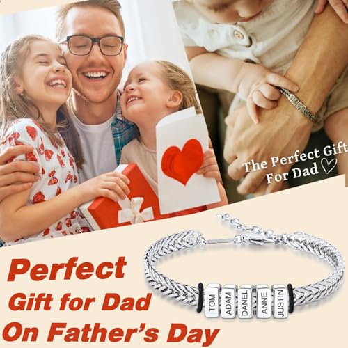 Personalized Mens Bracelet with 1-8 Custom Beads,Customized Stainless Steel Bracelet Adjustable Franco Chain Bracelet Birthday Gifts for Husband Boyfriend (01-Bracelet with 1-8 Kids Name)2
