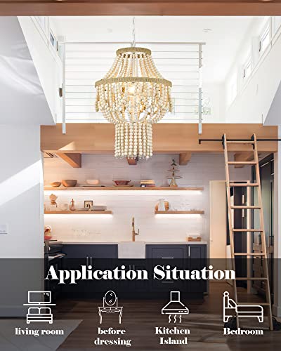 ELYONA Wood Beaded Chandelier, Boho Farmhouse Pendant Light Feature, Natural Birch Wood, 16" Rustic Hanging Light, Country Chandelier for Bedroom, Kitchen, Dining Room, Living Room, Entryway, White - Image 5