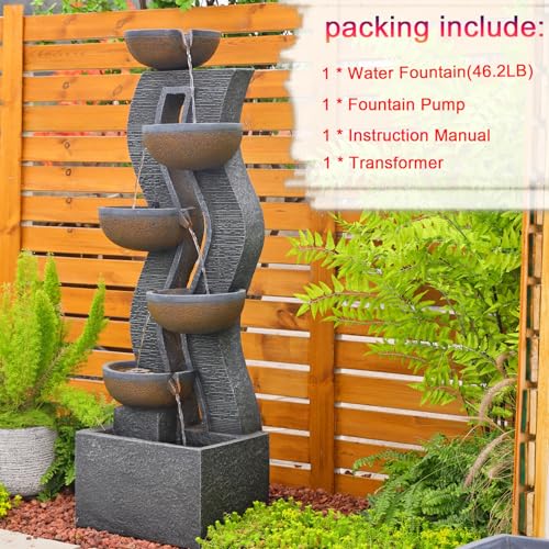 SERBILHOME 6-Tiered Garden Fountains Outdoor 52.8''H Waterfalls with Lights,Large Resin Patio Fountain, Cascading Waterfall Feature for Patio,Yard, Deck, House Decor, Wave Design with Bowls - Thumbnail 4