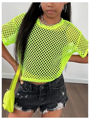 Floerns Girl's Y2k Netted Mesh Shirt Short Sleeve Crew Neck Street Crop Tops3