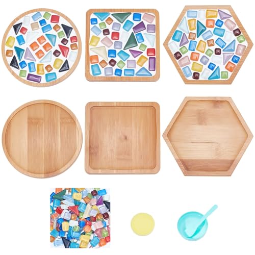WEBEEDY 3 Juego de Mosaico de Azulejos de Vidrio Kit de Posavasos de Mosaico Base de Posavasos de Mosaico de Vidrio Posavasos de Taza de Bambú para Bebidas Kits de Manualidades