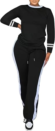 PINSV Womens 2 Piece Outfits Long Sleeve Tops Sweatpants Colorblock Bodycon Lounge Sets Tracksuits