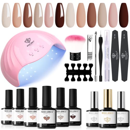 Modelones Gel Nail Manicure Kit With u v Light 48w Led Lamp Starter Kit, 6 Colors Nude Neutral Soak Off Nail Gel Polish Set Base & Top Coat Professional Tools For Beginners At Home Nail Curing Gift