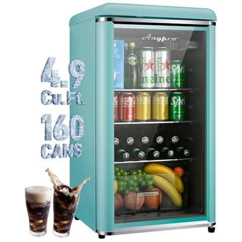 Anypro Beverage Refrigerator Cooler, 4.9 Cu.Ft Retro Mini fridge with Double Glass Door, 160 Can Wine Drink Beer Fridge, Small Refrigerator for Office Bedroom Bar, 7 Temperatures & Adjustable Shelves Cover