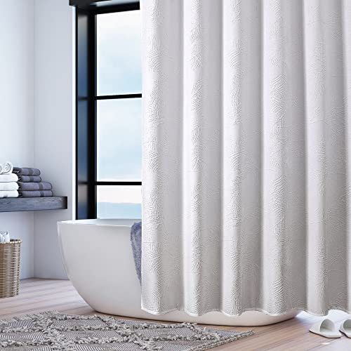Owenie White Fabric Shower Curtain, 3D Embossed Tropical Palm Leaf Boho Shower Curtain For Bathroom, Textured Water Resistent Fabric Shower Curtain Liner, Modern Hotel Style, 72 X 72 Inches #TOP1