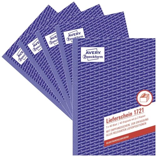 AVERY Zweckform 1721-5 Lieferschein mit Empfangsschein (A5 3x40 Blatt selbstdurchschreibend mit farbigen Durchschlägen zur Erfassung aller relevanten Lieferpositionen) 5er Pack weiß/gelb/rosa