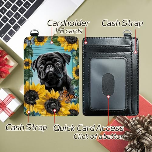 Image of Small Travel Wallets, Sunflower Pug Slim Minimalist Front Pocket Wallet with Wristlet, RFID Blocking PU Leather Credit Card Holder with ID Window Change Purse for Men Women