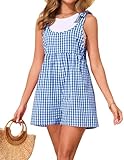 GAMISS Gingham Blue Romper Casual Cotton Womens Jumpsuit with Cute Tie Straps Sleeveless Loose Y2K Plaid Overalls Shorts Blue M