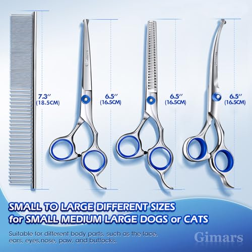 Image of Gimars Professional 5 in 1 Grooming Scissors for Dogs 4CR with Safety Round Tip, Heavy Duty Titanium Coated Straight & Thinning & Curved Shears
