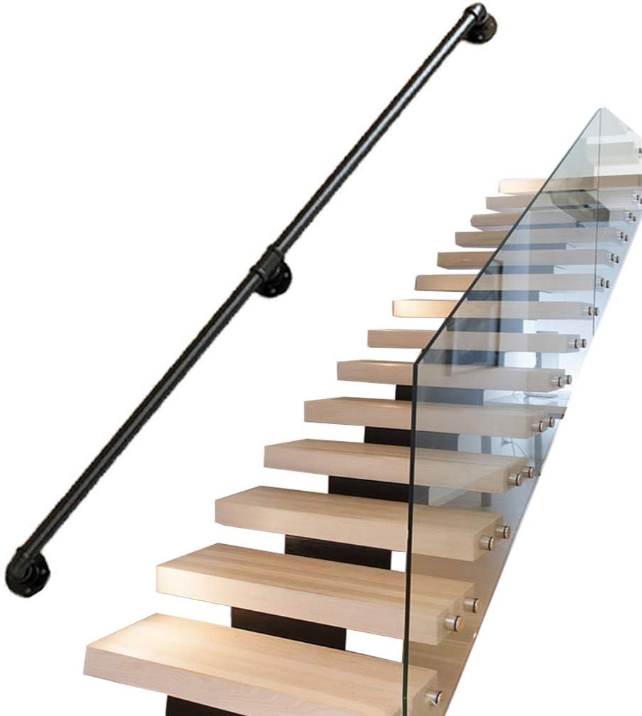 Vintage Handrail Brackets for Staircases Outside Inside Black Matte Metal Wrought Iron | Rail Railing Handrails for Indoor Stairs Lead Direct to Stairwell Door-House or Cellar entryway