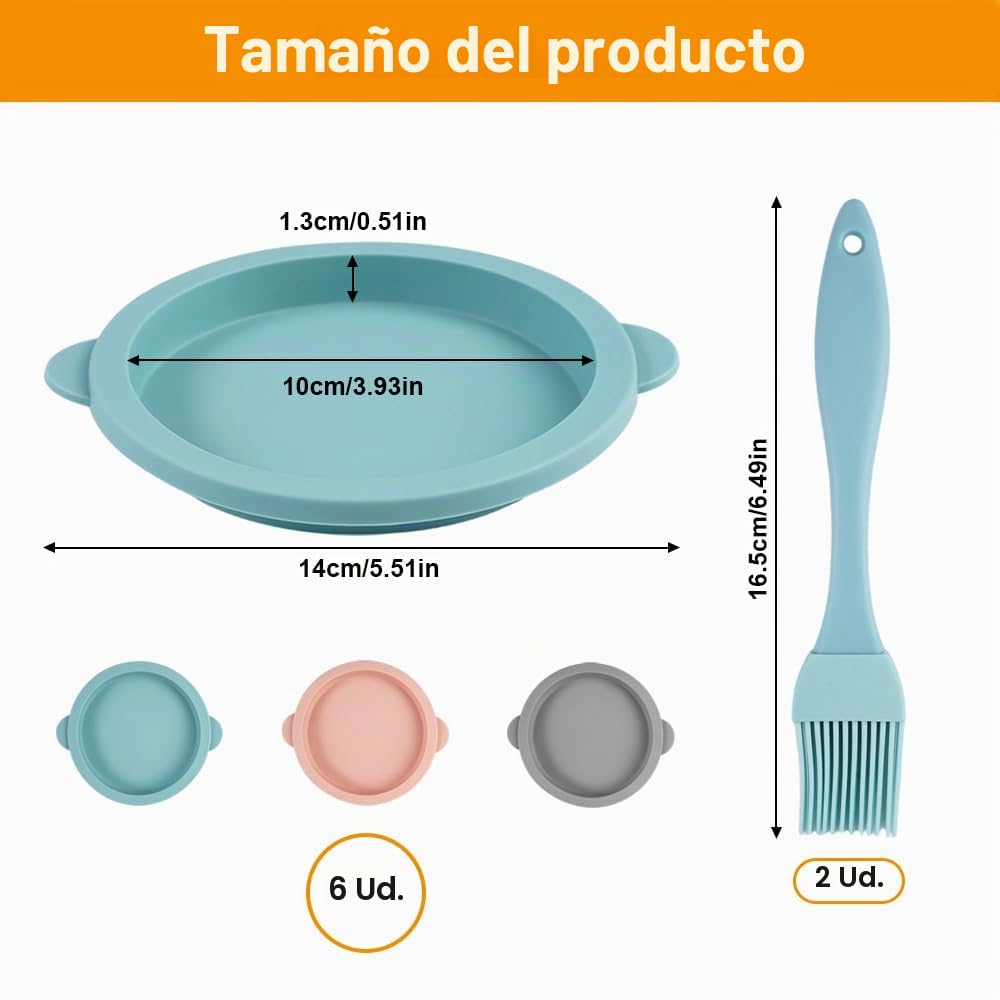 6 Piezas Molde Silicona Huevos Freidora de Aire con 2 Cepillo de Silicona, 10 cm Molde Redondo de Silicona para Tartas, Recipiente Air Fryer para Tapas de Muffins, Tostadas, Sándwiches