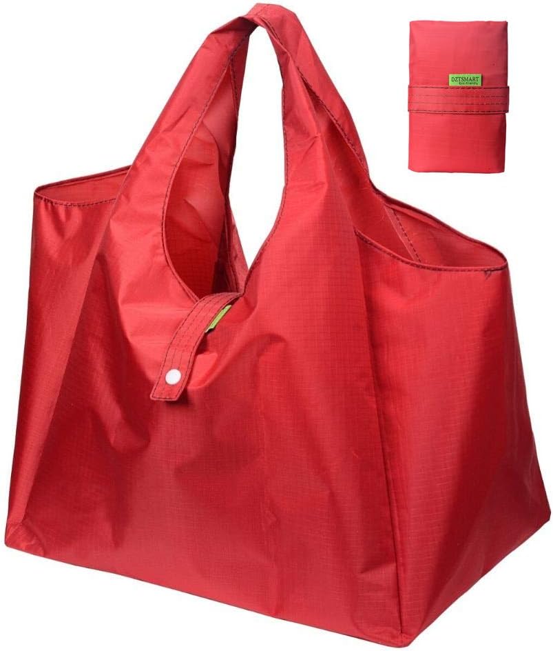 DZTSMART Reusable Folding Shopping Bag, Eco-friendly Polyester Foldable Grocery Tote or Waterproof Lunch Bag, Heavy Duty Washable Carry Vegetable Bag (Red, Large)