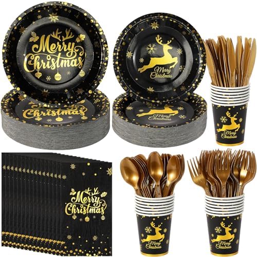 Hallswl 175Pcs Merry Christmas Paper Plates and Napkins Set