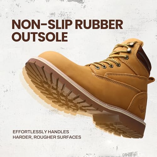 Image of Steel Toe Work Boots for Men 6 Inch Waterproof Non Slip Rubber Comfort Leather Safety Durable Industrial Construction Boots