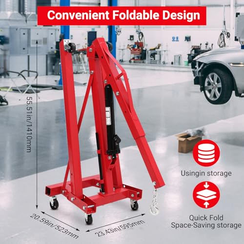 Image of 2 Ton Engine Hoist, Hydraulic Folding Cherry Picker, Heavy Duty 4400Lbs with Lever & 6 Casters for Workshop Garage Warehouse